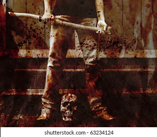 Blood Splattered Scene Of An Axe Murderer With The Skull Of The Victim