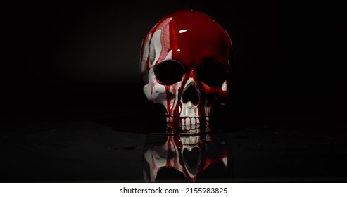 Blood stained skull with light effects close up footage