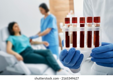 Blood Test For Allergies. Nurse Taking Blood For Allergen Testing By Collecting Blood In Test Tubes At Laboratory