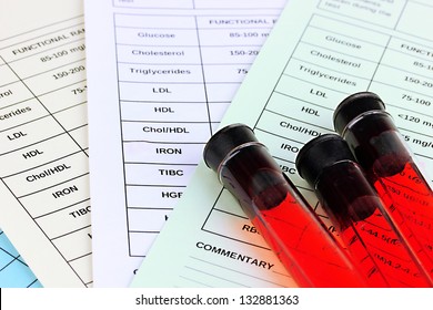 Blood In Test Tubes And Results Close Up