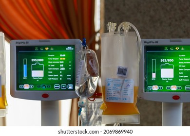 Blood Transfusion Machine, Selective Focus. Public Event For Blood Donor Day. Background With Copy Space For Text Or Lettering. Illustrative Editorial. June 13, 2021, Balti Moldova.