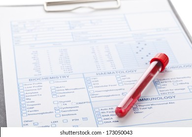 Blood Vial With Blood Sample On Test Form