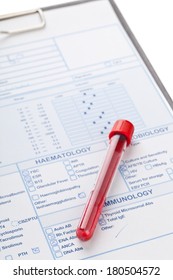 Blood Vial With Blood Sample On Test Form