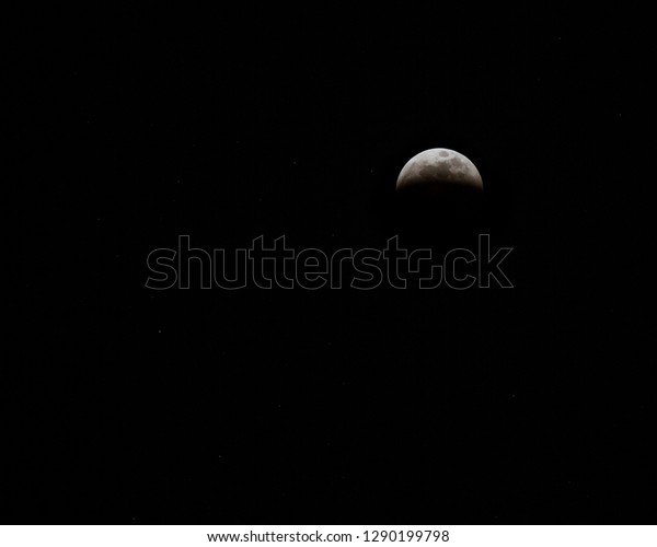 Blood Wolf Moon eclipse 2019 in night sky;
lunar eclipse in night sky with
stars