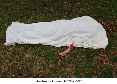 Bloody Dead Woman Covered In White Sheet