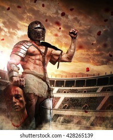 Bloody Gladiator Holding Dead Man's Head After Won Fight In Coliseum.