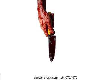 Bloody Hand With A Knife Isolated On A White Background.