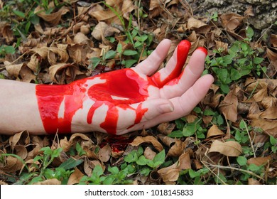 Bloody Hand On Ground In Woods