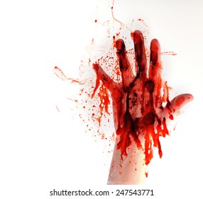 A Bloody Hand Is Smearing Red Blood On A Window On A White Isolated Background For A Horror Or Killer Concept.