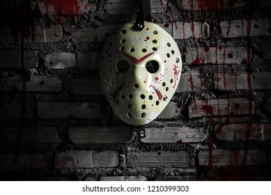 Bloody hockey mask hung on the wall of the mortar. Looks awesome on Halloween.
