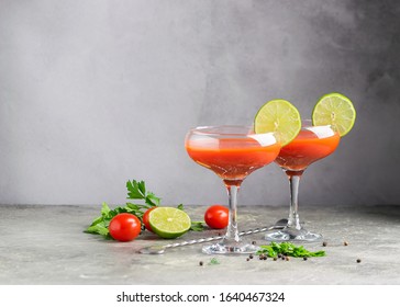 Bloody Maria Tomato Juice Smoothie And Ingredients Tomato, Lime, Celery, Parsley. Strong Drinks In Two Elegant Glasses