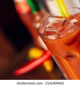 Bloody Marry Drink On Wooden Table Close Up Square