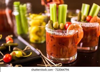 Bloody Mary Cocktail Bar With Variety Of Garnishes.