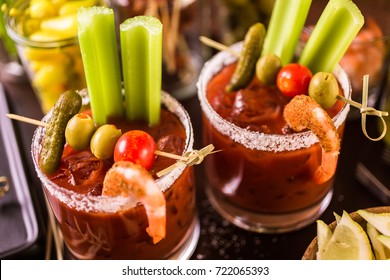 Bloody Mary Cocktail Bar With Variety Of Garnishes.