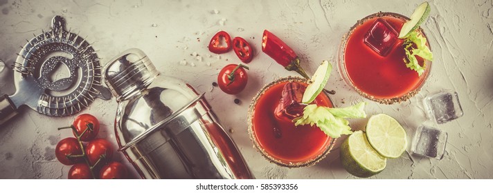 Bloody mary cocktail and ingredients, copy space