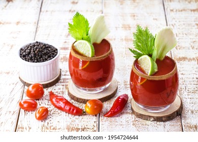 Bloody Mary, A Cocktail Made With Vodka, Tomato Juice, Lemon Juice, Worcestershire Sauce, Tabasco And Pepper