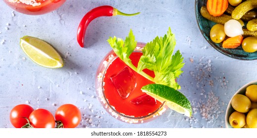 Bloody Mary Cocktail Panorama, Tomato Juice, Alcohol, Lime And Celery, With Pickles And Olives, Overhead Shot