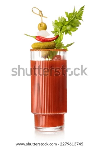 Bloody mary cocktail with stick and various snack on background.Olive,pepper,onion,celery,pickle