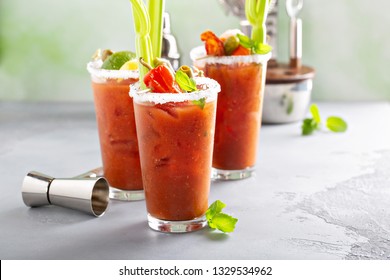 Bloody mary cocktails with garnishes for brunch