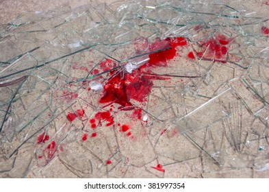 shattered glass on the floor with blood