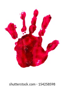 Bloody Print Of A Hand And Fingers On White Wall