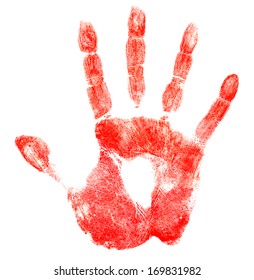 Bloody Red Hand Print Isolated On White