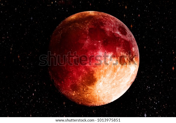 Bloody Red moon in the galaxy background. Science\
and Planet concept. Full moon and Horror scene theme. Elements of\
this image furnished by\
NASA