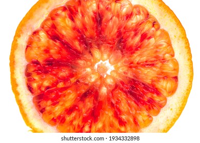 Bloody Red Sicilian Orange Pulp Texture Background. Macro Photo Of Red Orange Fruit. Citrus Friut Close Up