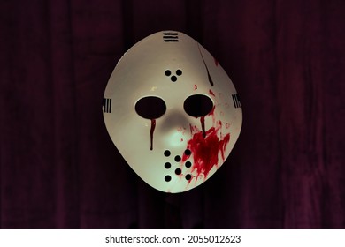 A Bloody And Scary Horror Halloween Hockey Mask In The Style Of Jason From Friday 13th Movies.