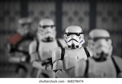 BLOOMFIELD NJ - JAN 24 2016: a row of Star Wars Stormtrooper action figures lining up in a row, shallow depth of field.