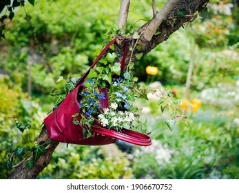 Blooming Flowers In An Upcycled  Bag, Hanging In The Garden. Sustainable Gardening Concept. Idea For A Beautiful Flower Bed