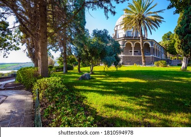 Blooming huge park around the monastery. The Catholic Church of the Beatitudes of the Italian female Franciscan monastery on Mount Bliss. The Sea of Galilee. Israel.  concept of religious pilgrimage 