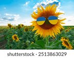 Blooming yellow sunflower in sunglasses in the form of the flag of Ukraine against the background of a field of sunflowers. The concept of vegetable oil production, agriculture and farming in Ukraine