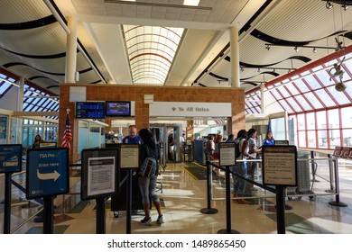 Bloomington, IL/USA-8/22/19: People Going Through TSA Security Screening A Busy International Airport.