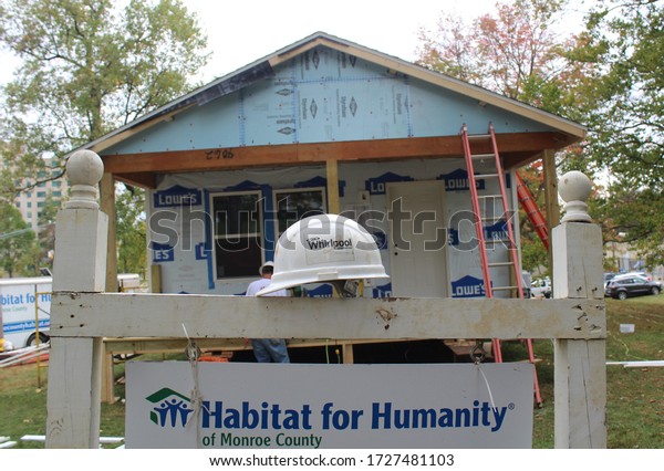 Bloomington,\
Indiana/Unites States-October 8 2017: Whirlpool Habitat for\
Humanity Monroe County House\
Build