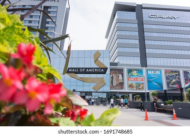 Bloomington, MN, USA, 2019-07-13: Mall Of America Entrance With Flowers In Front