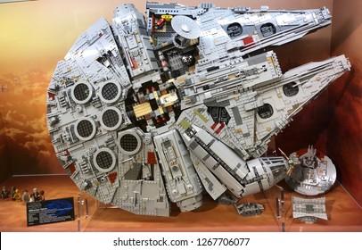 Bloomington, MN/USA. December 17, 2018. A new display of the famous ship called the Millennium Falcon made of Legos in Minnesota.
