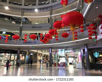 Bloomington, MN/USA. January 30, 2020. A Shot From Level One Of The Rotunda At Mall Of America In Minnesota. Festival Orange Lights Associated With The Chinese New Year Hang From The Ceiling.