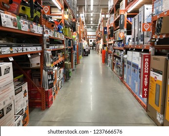 Bloomington, MN/USA- November 19th, 2018. An Interior Aisle Of A Home Depot Featuring Water Filters And Shop Vacs.