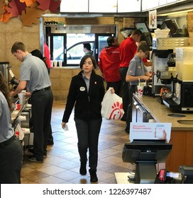 Bloomington, MN/USA- October 30, 2018. The Interior Of A Chick Fil A Restaurant On A Busy Weekend In Minnesota.