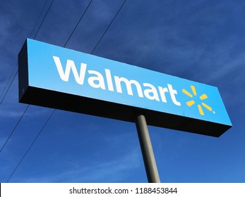 Bloomington, MN/USA- September 23rd, 2018. The Exterior Sign Of A Walmart Retail Store In Minnesota. Walmart Recently Launched A Partnership With IBM Blockchain Technology To Improve Food Safety.