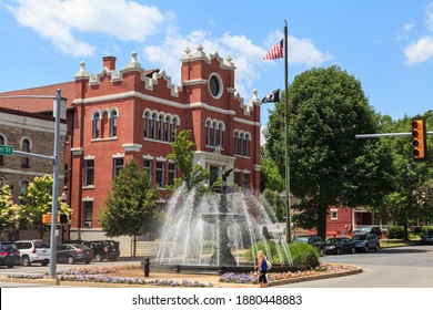 Bloomsburg, PA, USA - June 15, 2013: A distinctive fountain located in Market Square in the downtown area of Bloomsburg.