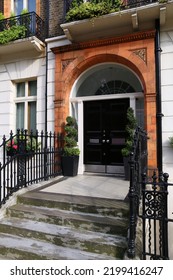 Bloomsbury Street View In West End Of London, UK. Architecture Detail - Beautiful Black Georgian Front Door.