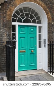 Bloomsbury In West End Of London, UK. Architecture Detail - Beautiful Turquoise Georgian Front Door.