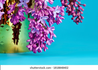 Blossoming Branches Of Lilac (Syringa Vulgaris). Violet Flowers In A Golden Vase On A Blue Background.