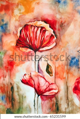 Blossoming poppy and poppy buds drawn by water color color on a water color paper