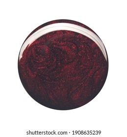 Blot Of Dark Red Circle Shaped Nail Polish Isolated On White Background. Photo. Top View