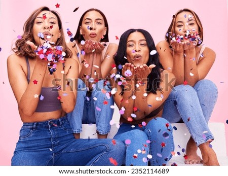 Blow, fashion and women in studio with confetti for celebration, clothing sale and discount. Beauty, diversity and female people on pink background for cosmetics, trendy clothes and denim outfit