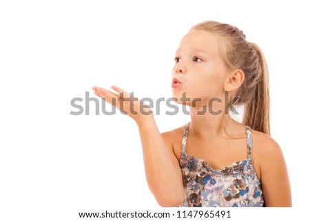 Blow kiss, young caucasian female brunette model, isolated on white background 