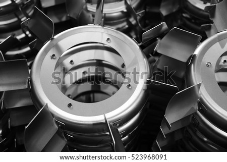 Blower Parts Produced by Sheet Metal Stamping Tool Die, Welded and assembled. Black-and-white photo.